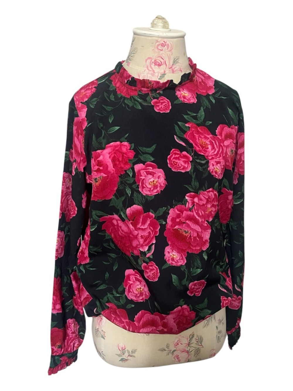 Vintage Black Floral Ruffle-Neck Blouse with Pink Roses Banded Bottom